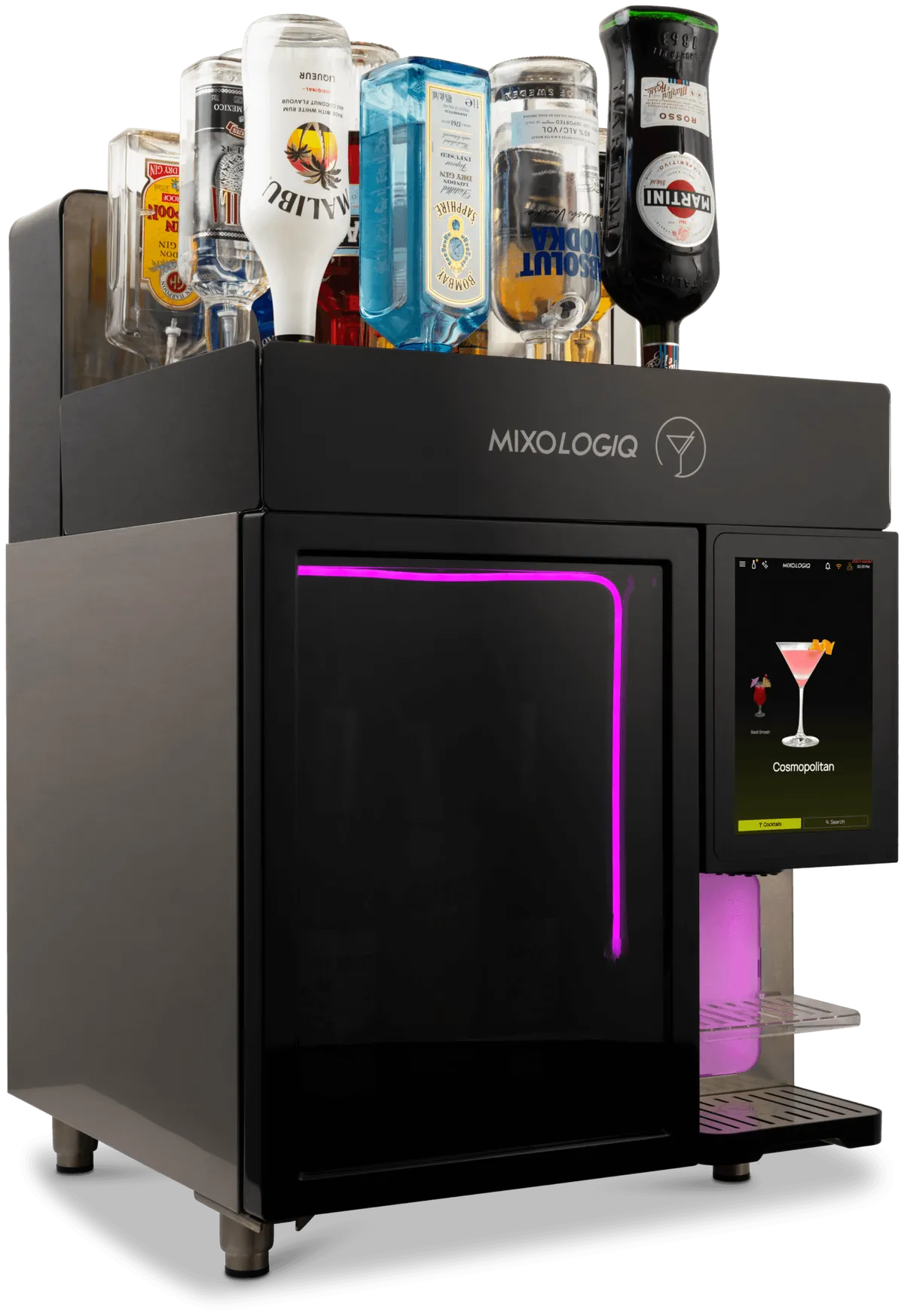 Mixologiq cocktailautomat med tjugo flaskor och pekskärm som visar en Cosmopolitan